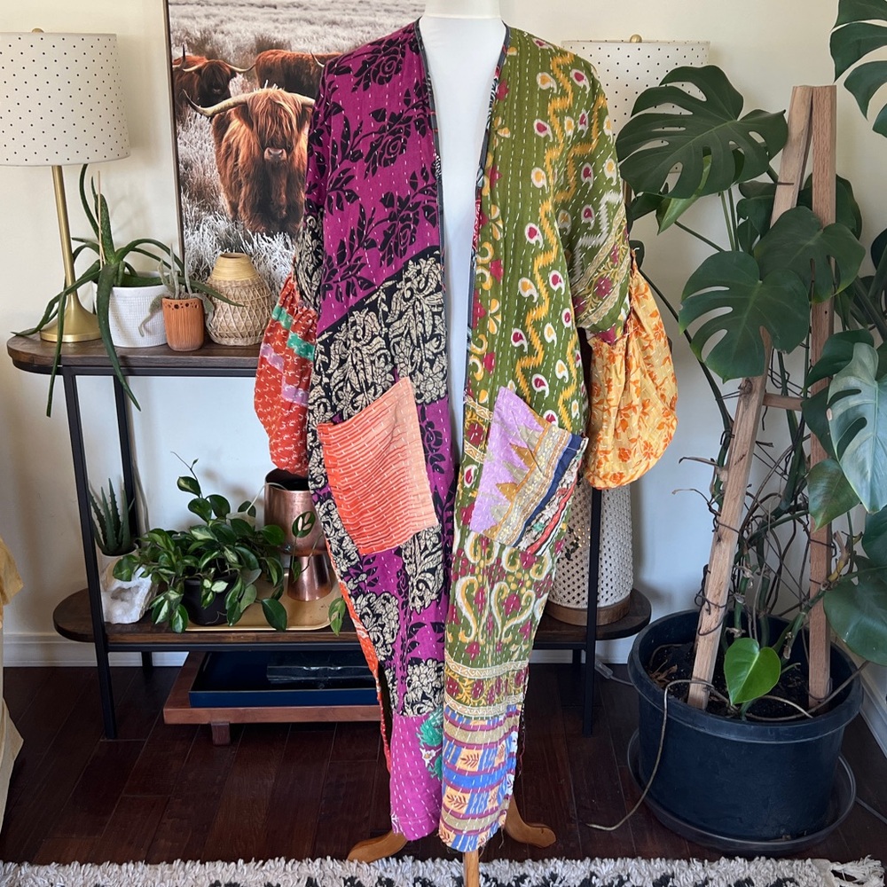Kantha India Sari Colorful Bell Sleeve Kimono Robe OS NWOT - Picture 2 of 16